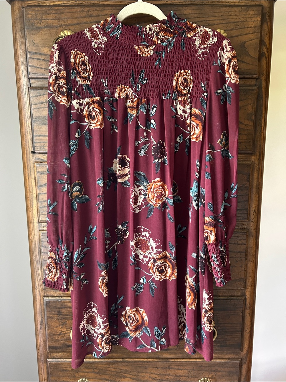 Long-Sleeve Burgundy Floral Smocked Yoke Dress, Size M